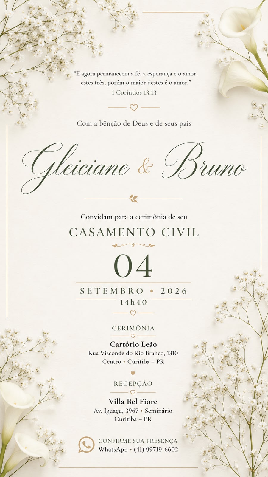Convite de casamento de Gleiciane e Bruno, 4 de setembro de 2026 às 14h40, em Curitiba.